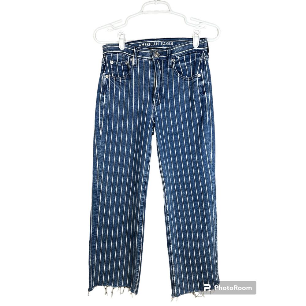 American Eagle Blue White Pinstripe Wide Leg Crop Raw Hem Blue Jeans Size 00